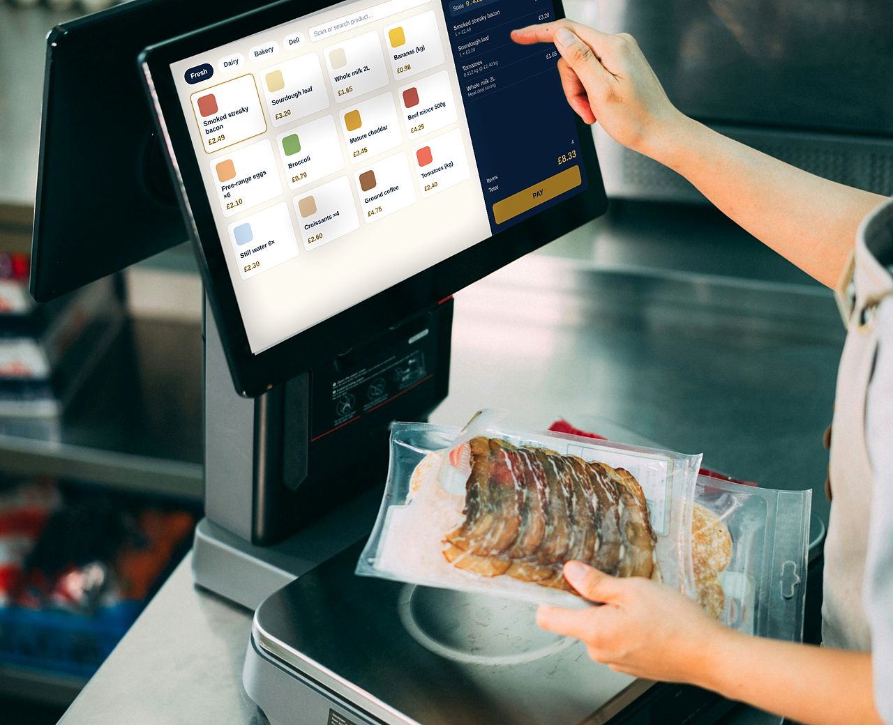 Shop assistant using a touchscreen retail EPOS till with an integrated weighing scale to price a pack of deli meat