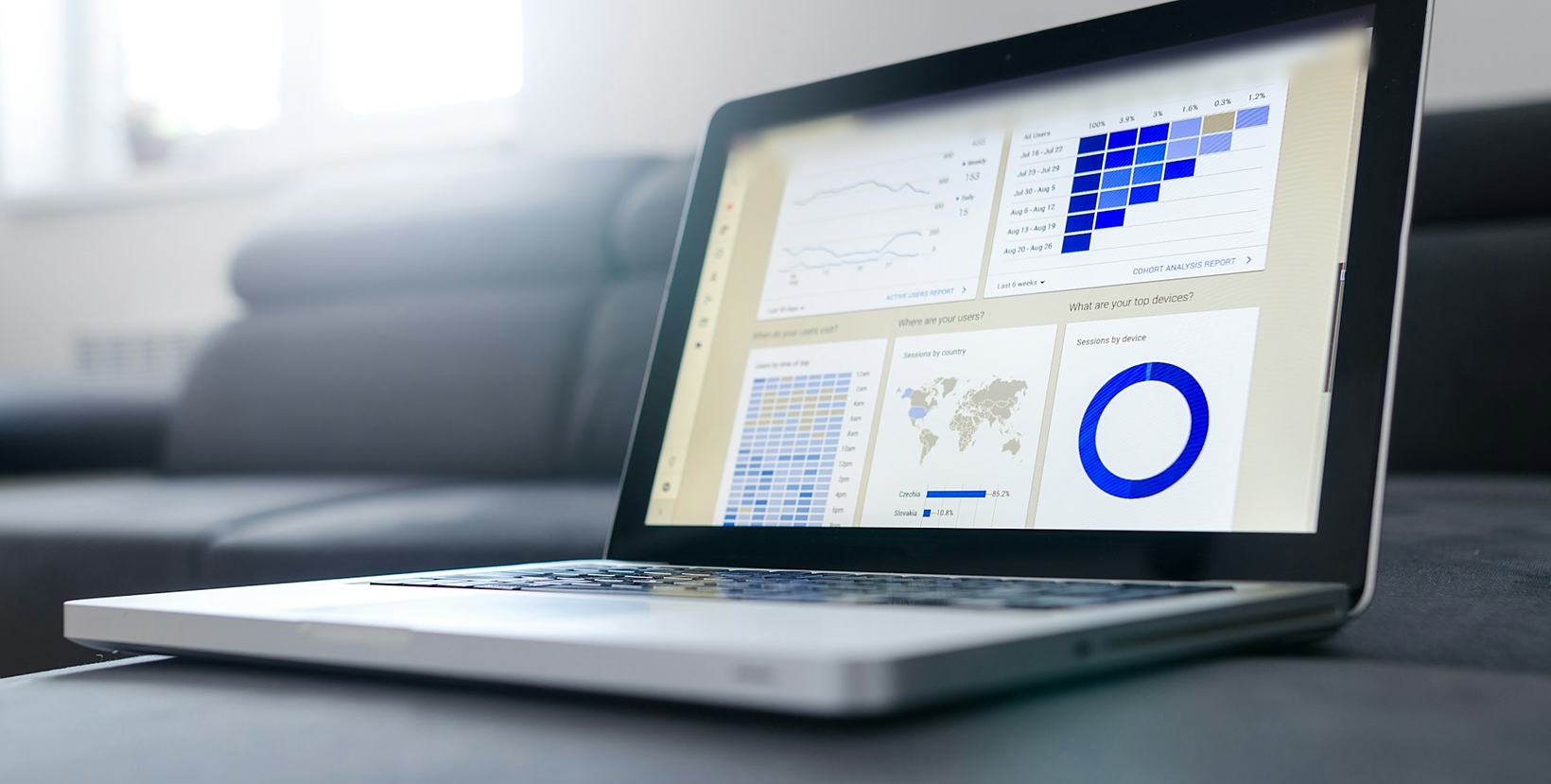 Laptop displaying a business reporting dashboard with charts, used to review sales performance